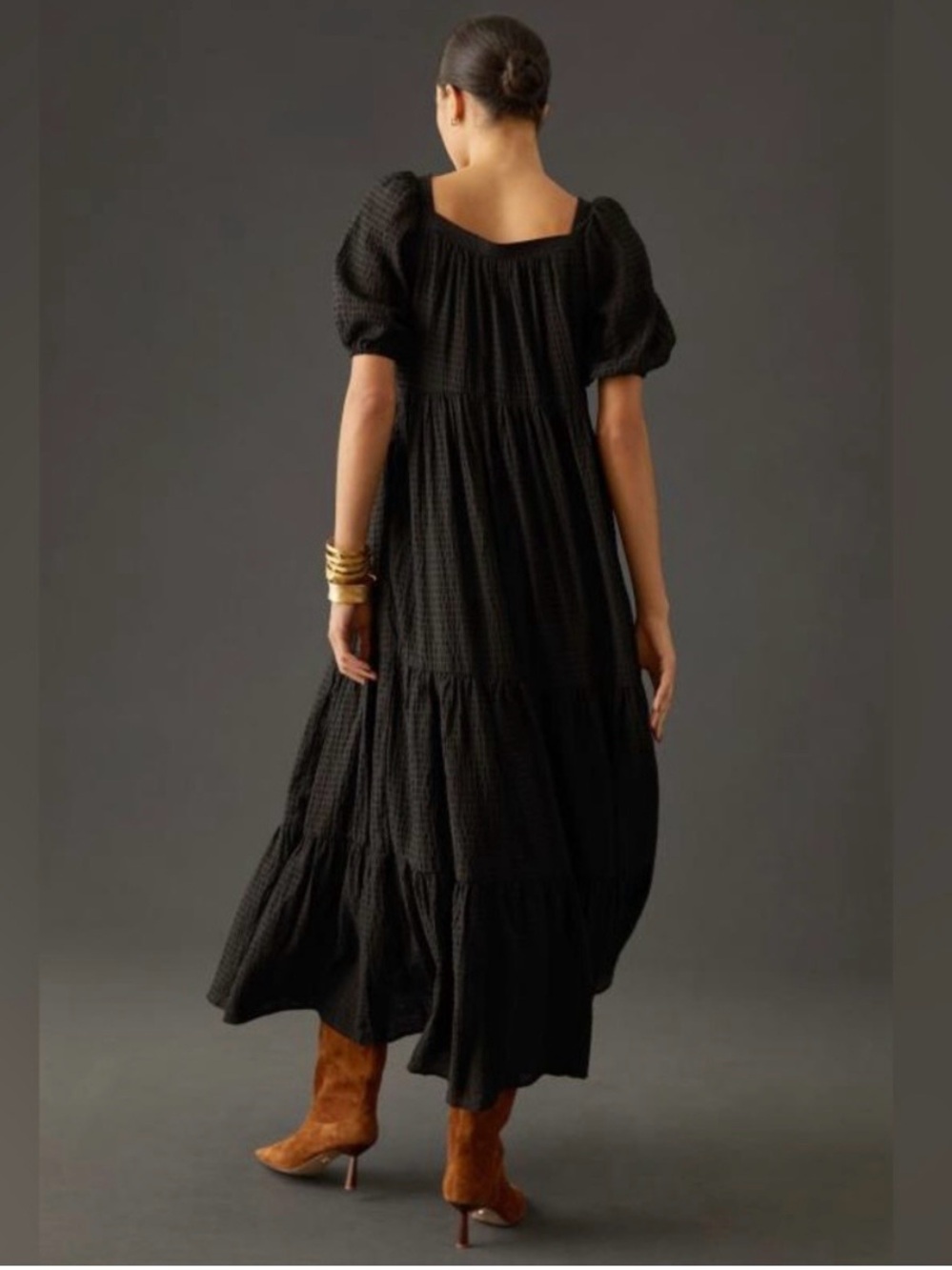 By Anthropologie Tiered Puff-Sleeve Maxi Dress in Black Size Large - Picture 2 of 14